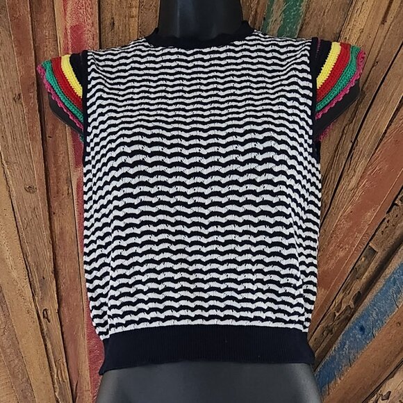 Zara striped knitted/chrochet ruffle sleeve  cotton top/blouse/sweater Sz S - Picture 2 of 8